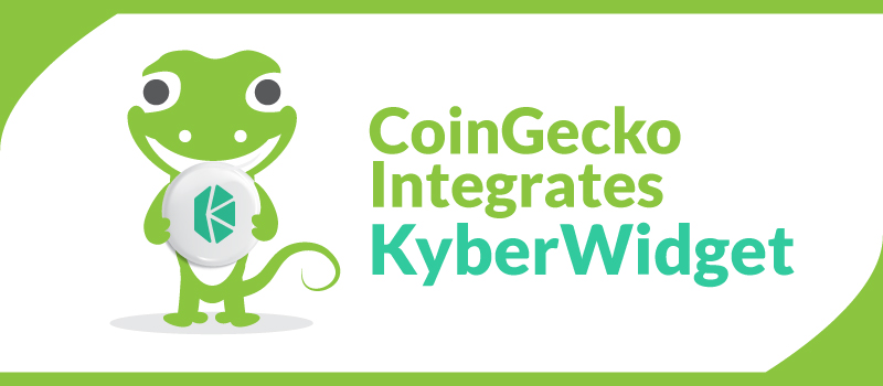 Coingecko Gecko holding Kyber Crystals KNC with headline "CoinGecko Intergrates KyberWidget"