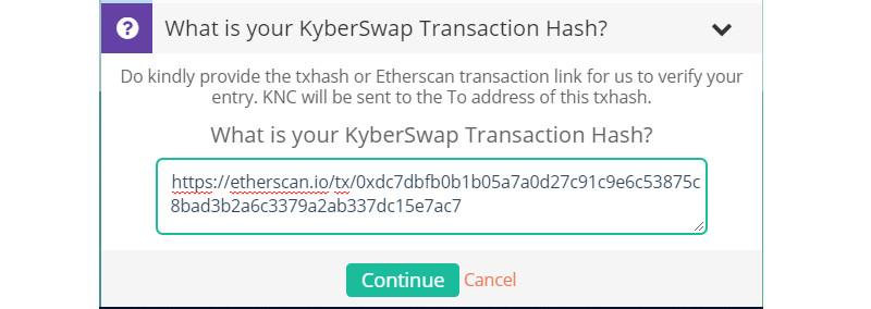 Txhash form for KNC giveaway